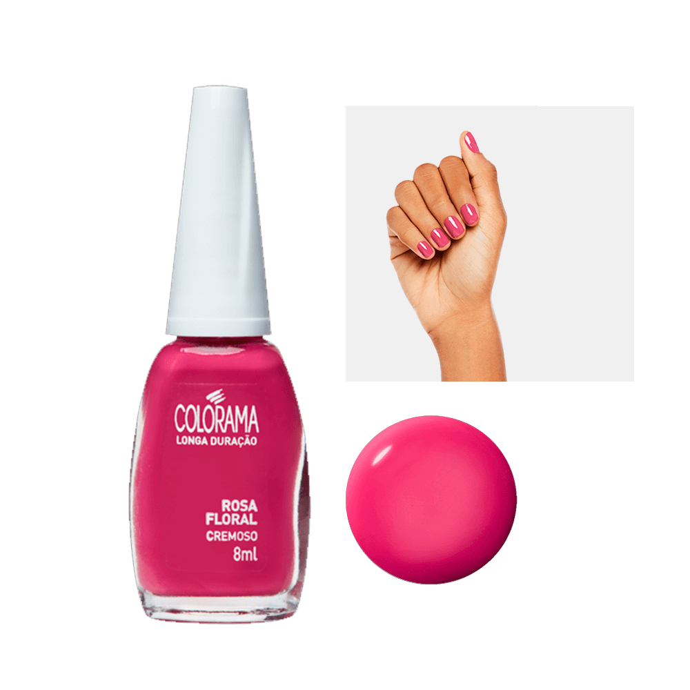 Frasco de Esmalte Colorama Rosa Floral 8ml com amostra da cor e unhas pintadas