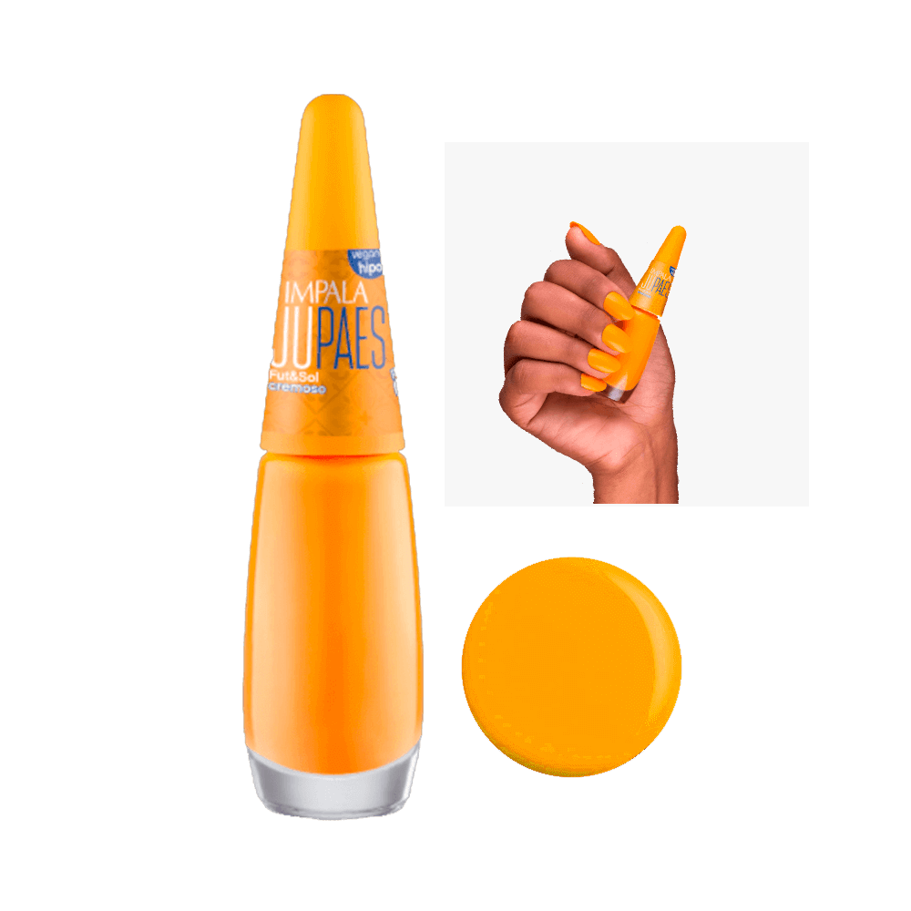 Esmalte Impala Ju Paes Fut & Sol frasco com tampa laranja e mão com unhas pintadas
