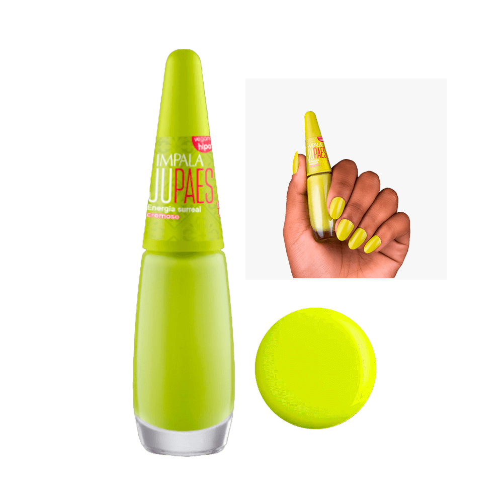 Esmalte Impala Ju Paes Energia Surreal em frasco com tampa verde limão e amostra de cor nas unhas