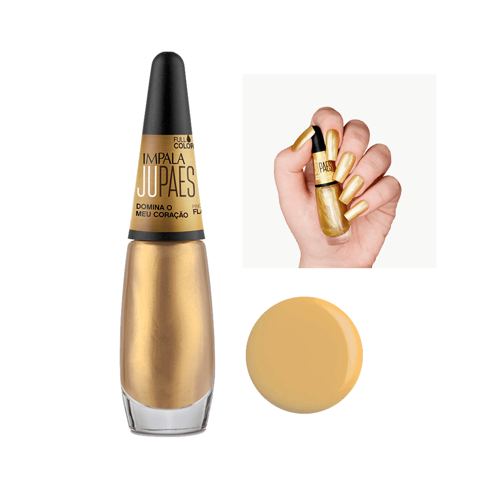 Esmalte Impala Ju Paes Domina o Meu Coração - frasco e unha aplicada, cor dourado metálico