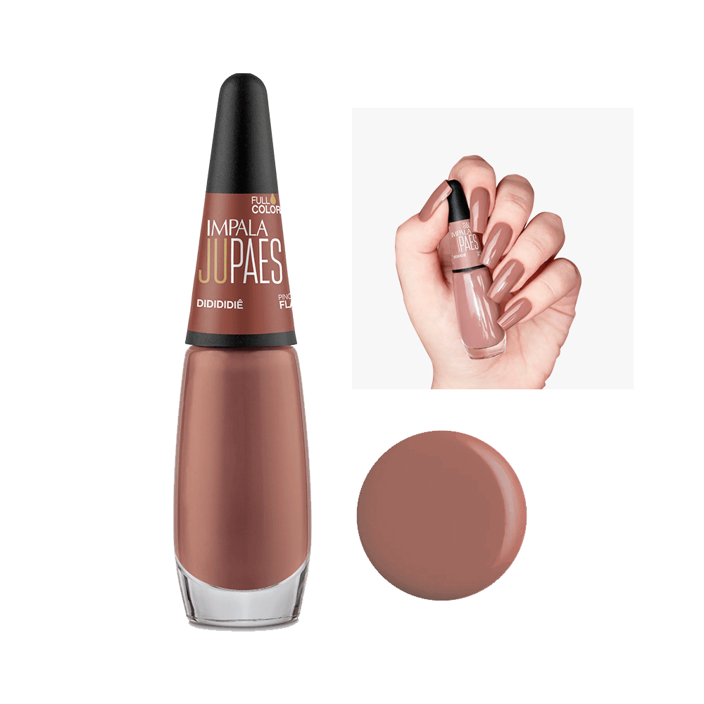 Esmalte Impala Ju Paes Didididiê Full Color - frasco e unhas na cor marrom rosado
