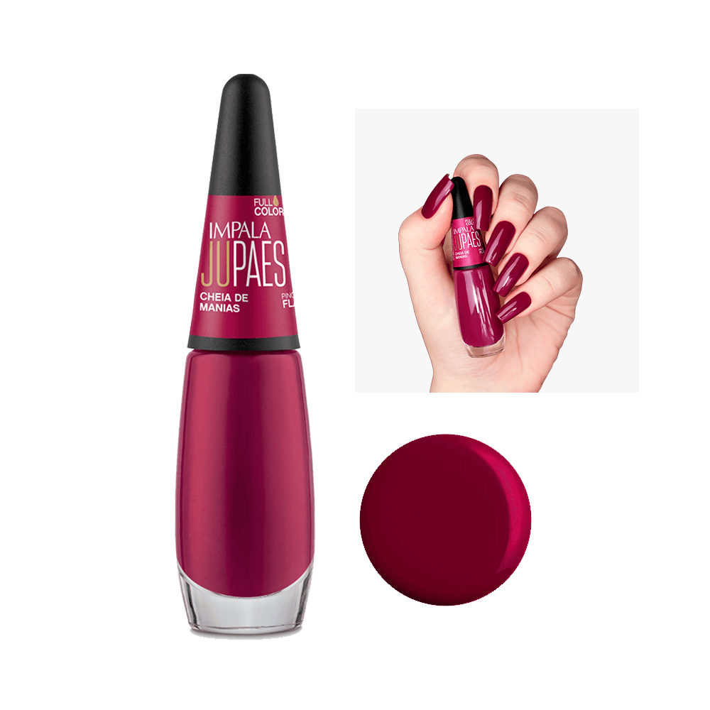 Esmalte Impala Full Color Ju Paes Cheia de Manias - frasco e unhas pintadas