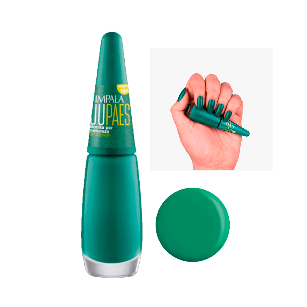Esmalte Impala Ju Paes Bonita por Natureza - frasco verde e amostra da cor