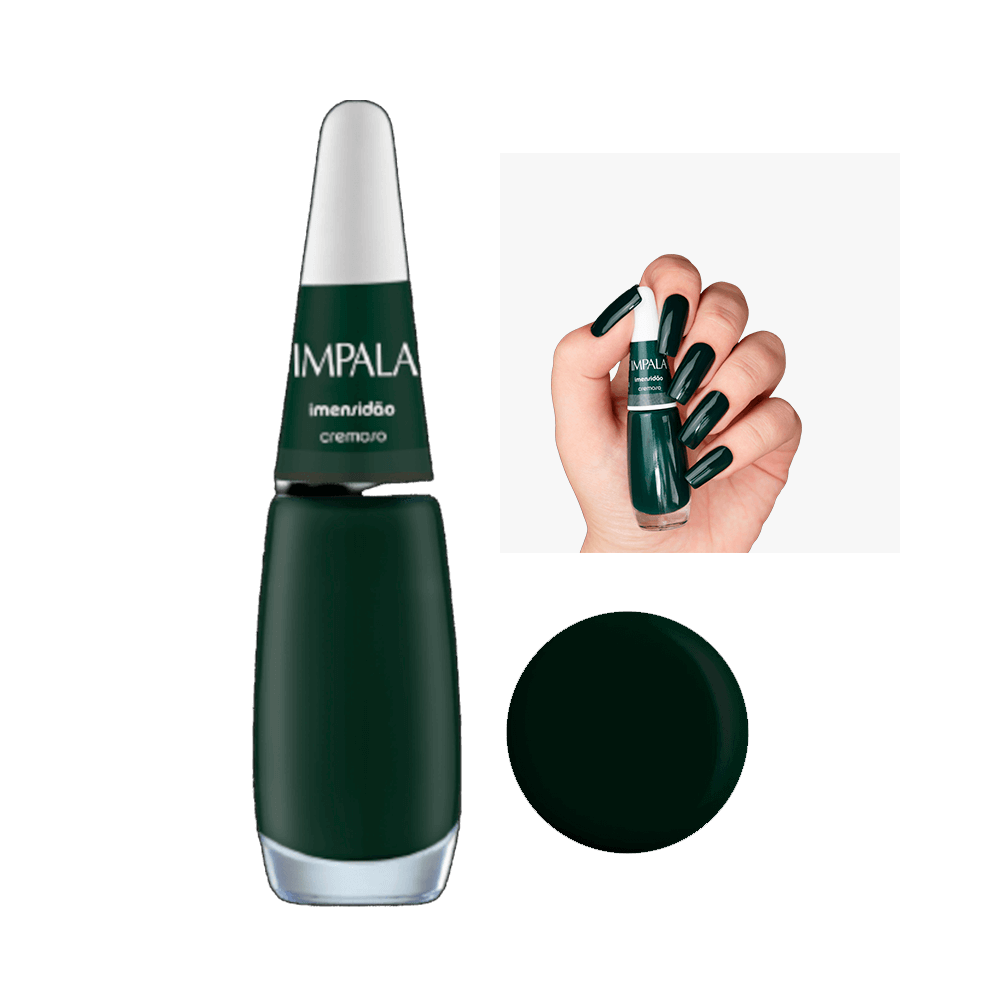Esmalte Impala Imensidão verde escuro cremoso, frasco e amostra da cor nas unhas