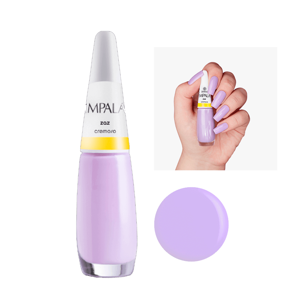 Esmalte Impala Cremoso Zaz tom lilás suave - frasco com amostra da cor e mão com unhas pintadas