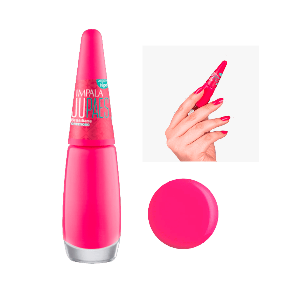 Esmalte Impala Ju Paes Nosso Jeitinho Brasiliana rosa escuro, frasco com tampa rosa e amostra da cor.