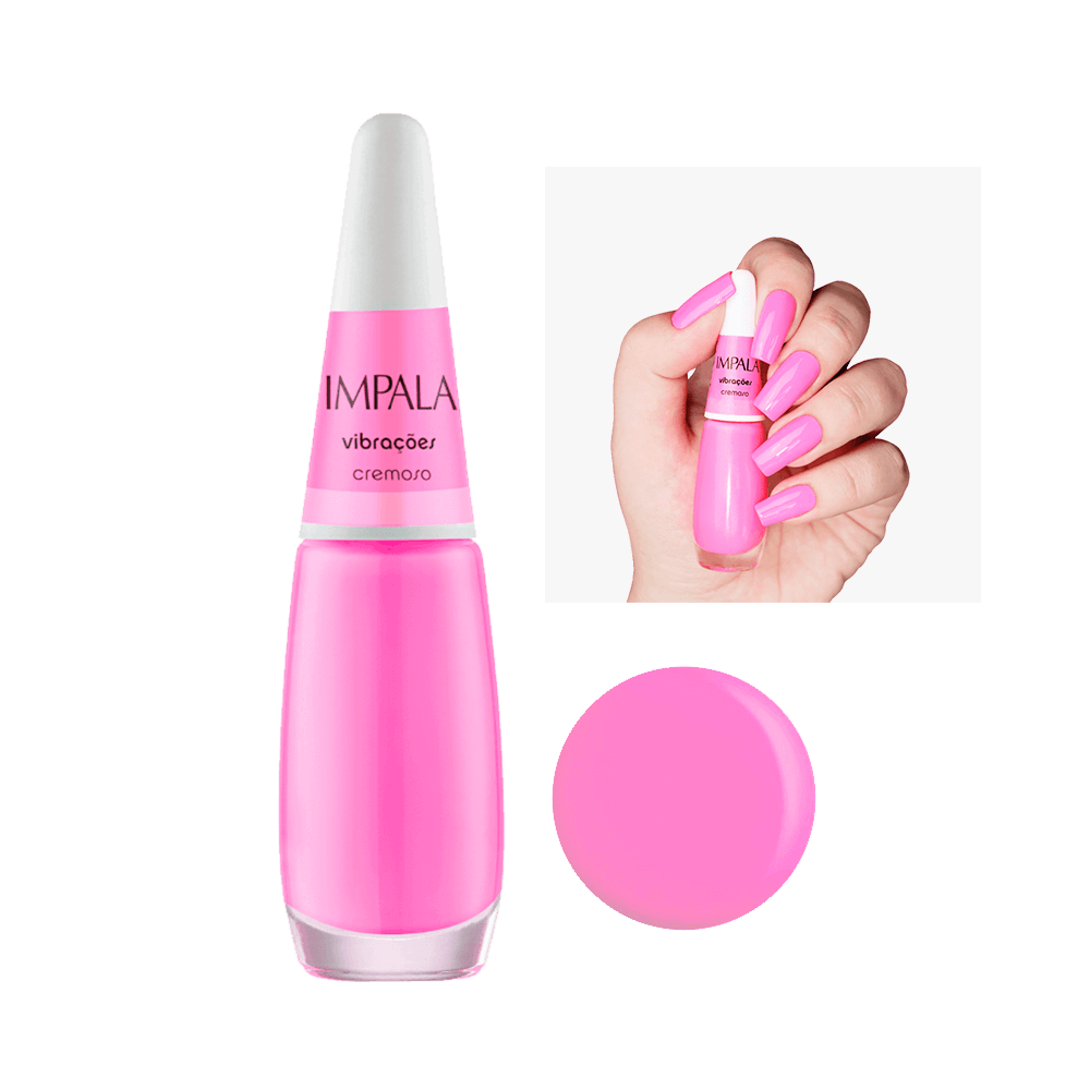 Esmalte Impala Cremoso Vibrações - frasco e amostra da cor rosa vibrante
