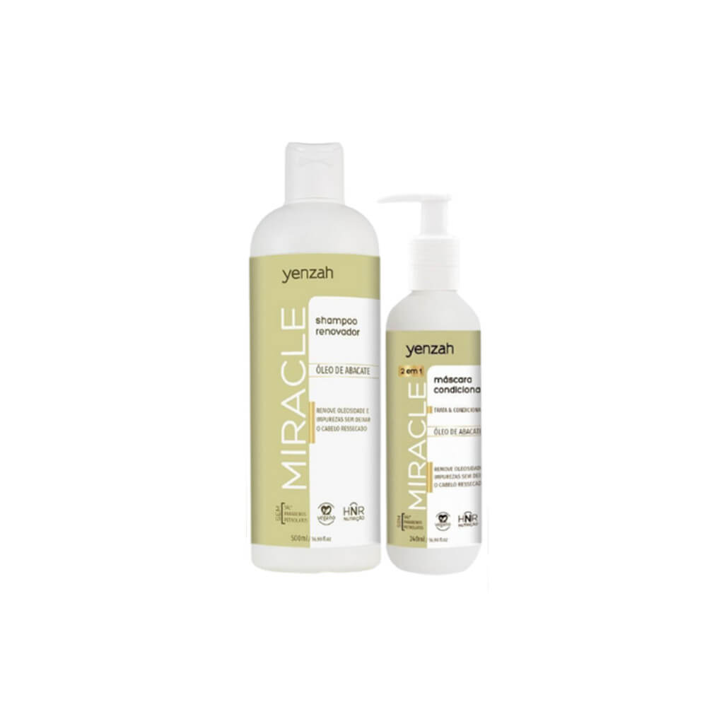 Kit Yenzah Miracle: shampoo 500ml e máscara 240ml com óleo de abacate, embalagens verde-oliva