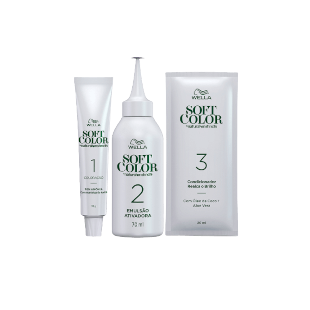 Componentes do kit: bisnaga de coloração, frasco aplicador e sachê de condicionador