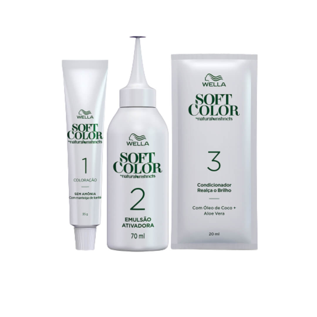 Componentes da coloração Soft Color: bisnaga, frasco aplicador e sachê de condicionador