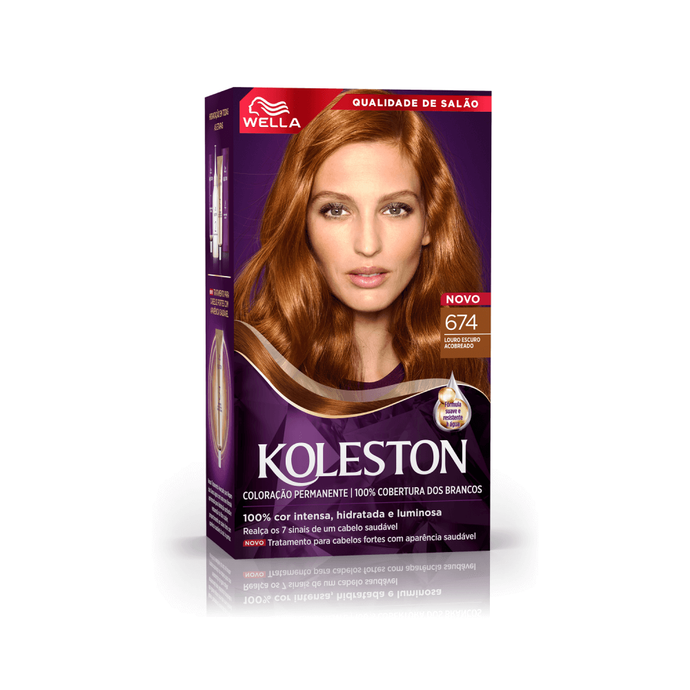 Embalagem Koleston Wella 674 Louro Escuro Acobreado com destaque para cor intensa e brilho
