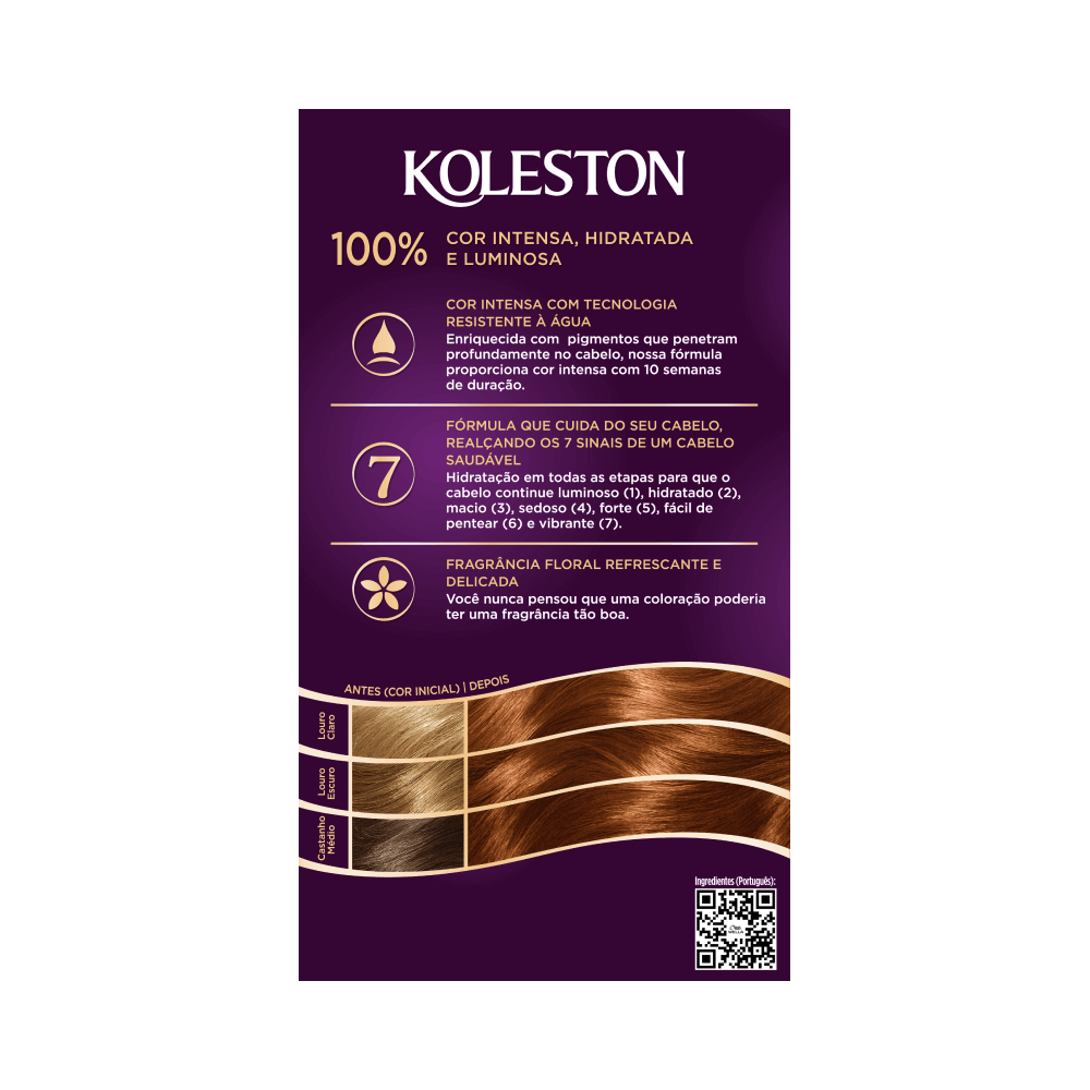 Parte traseira da embalagem Koleston com informações técnicas e benefícios