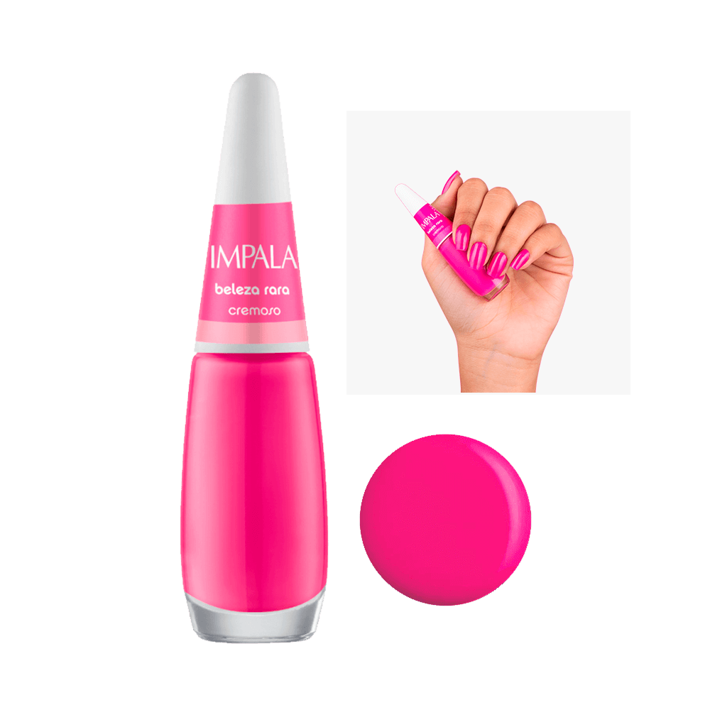 Frasco de esmalte Impala Cremoso Beleza Rara em tom rosa vibrante com unhas pintadas