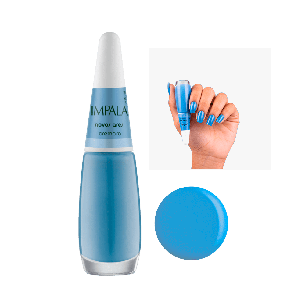 Frasco de esmalte Impala Novos Ares com amostra em unhas
