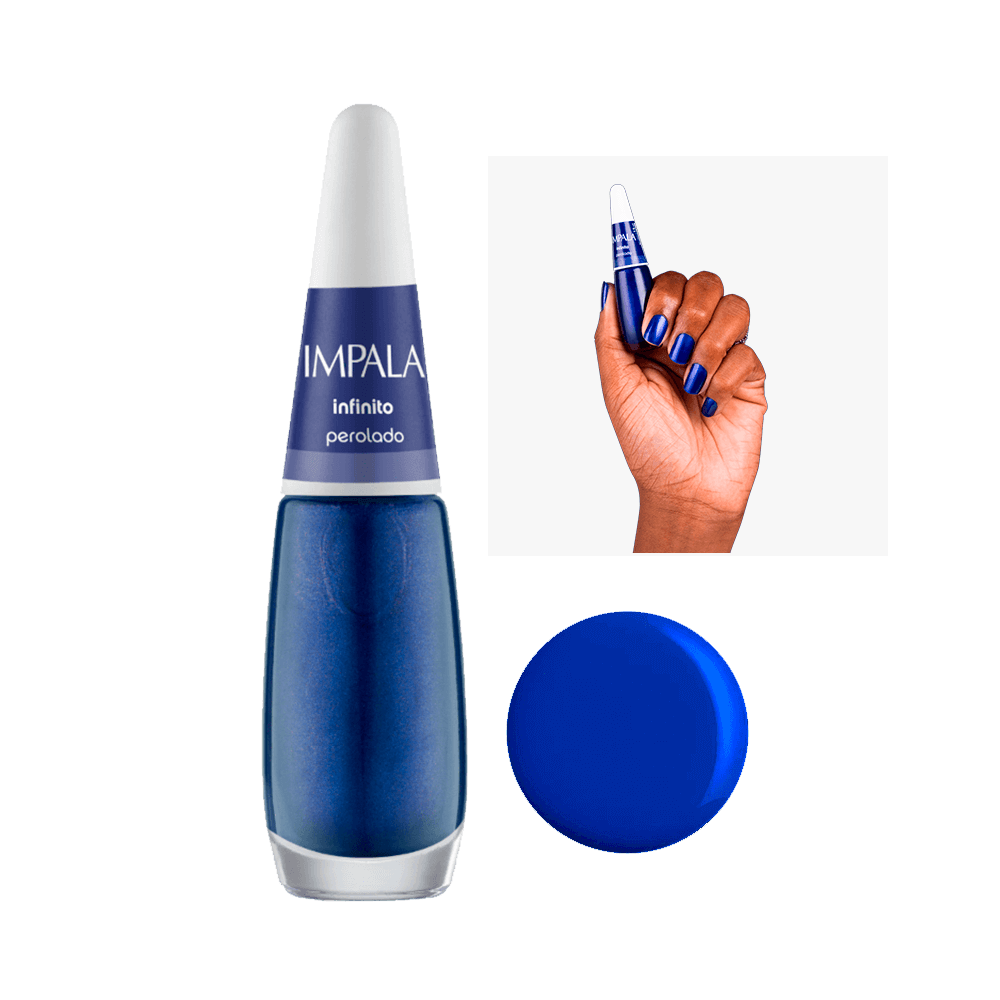 Esmalte Impala Perolado Infinito azul - frasco e amostra nas unhas