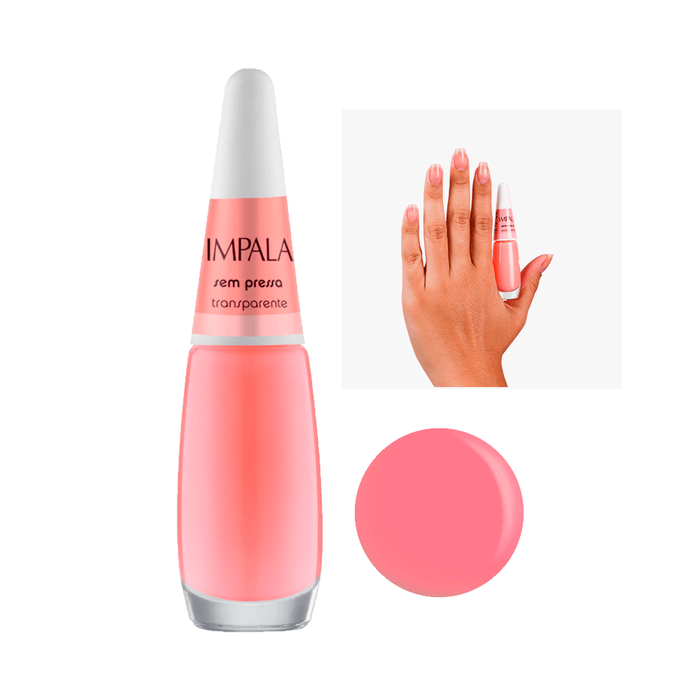 Frasco de esmalte Impala A Cor da Sua Moda Transparente Sem Pressa com unhas esmaltadas