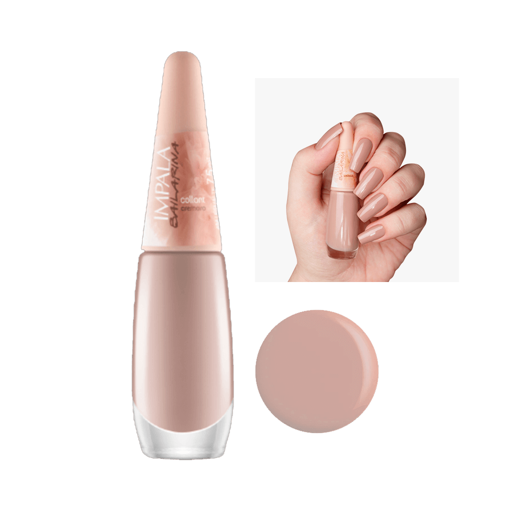 Esmalte Impala Collant cremoso nude rosado, frasco com amostra da cor e mão feminina segurando o produto
