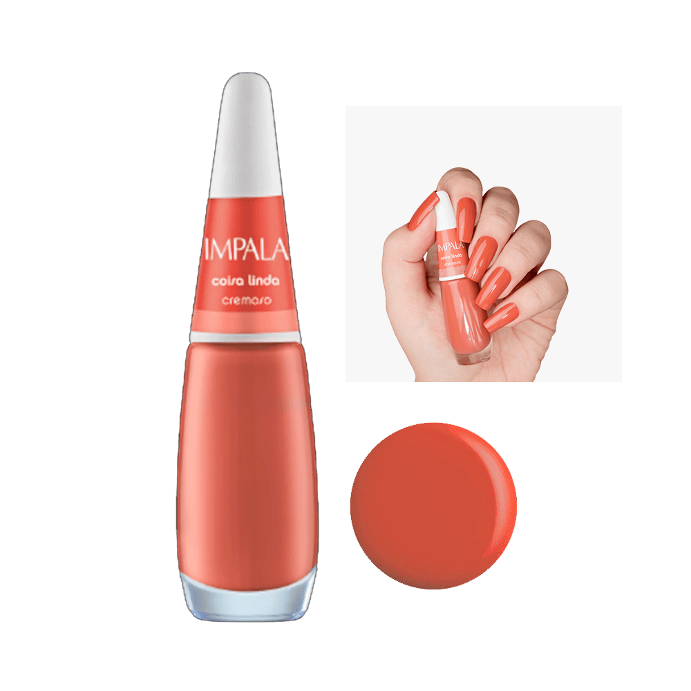 Esmalte Impala Coisa Linda frasco e unhas pintadas na cor laranja avermelhada