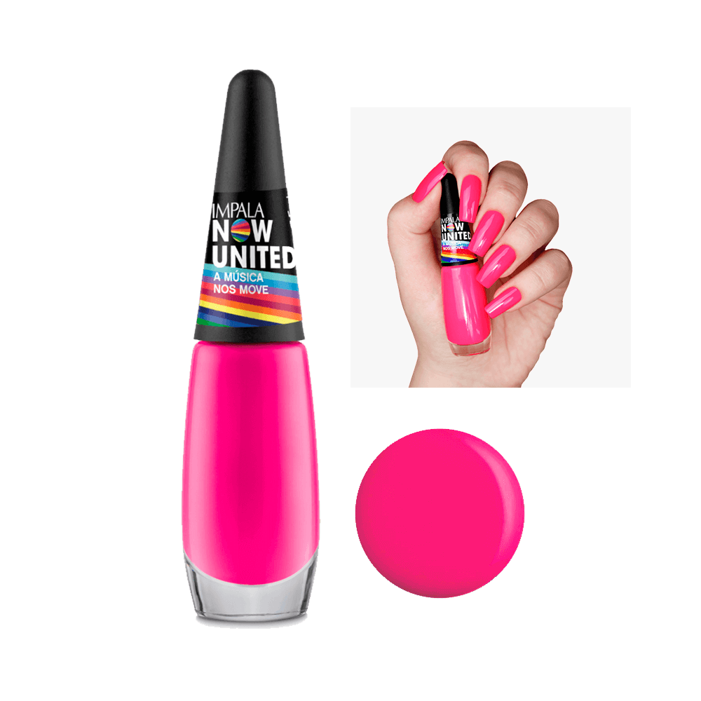 Esmalte Impala Now United A Música nos Move - frasco transparente com esmalte rosa fúcsia e mão segurando o produto