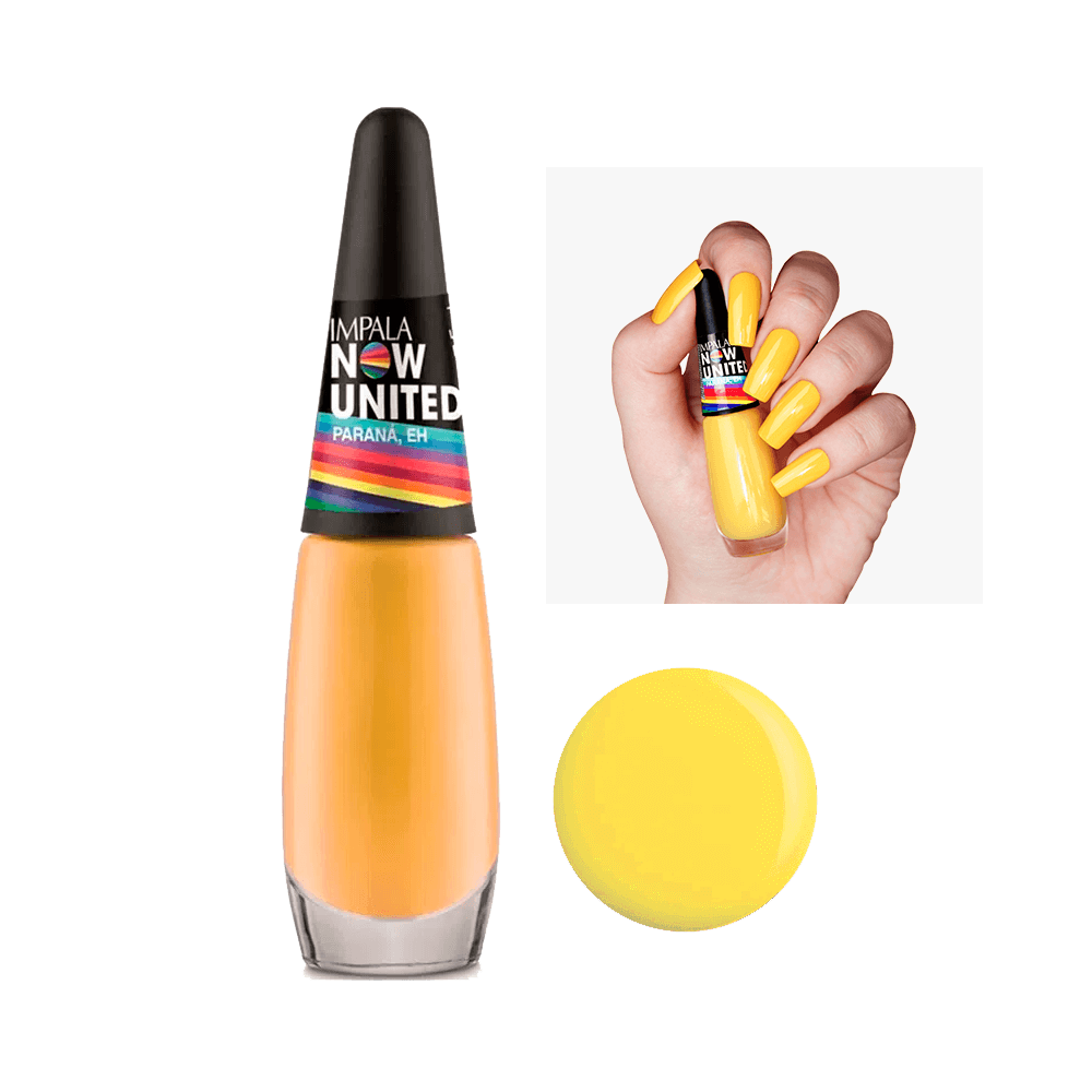 Esmalte Impala Now United Paraná eh - frasco e aplicação nas unhas, cor amarela cremosa