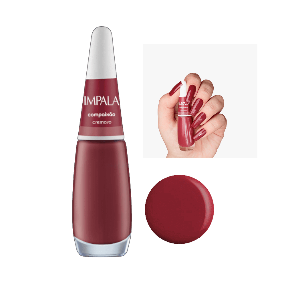Esmalte Impala Compaixão 8 ml - tom vinho cremoso, frasco com tampa branca