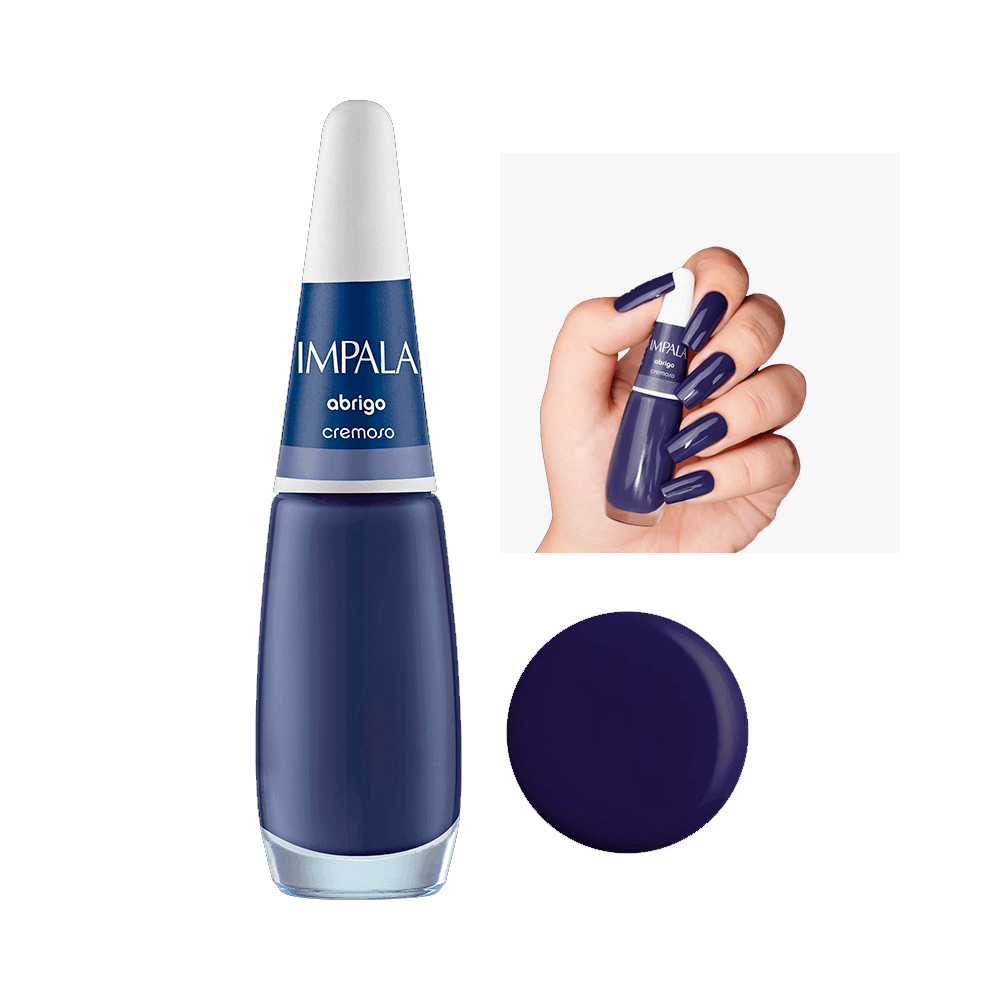 Esmalte Impala Cremoso Abrigo - frasco transparente com tampa branca e amostra da cor azul escuro