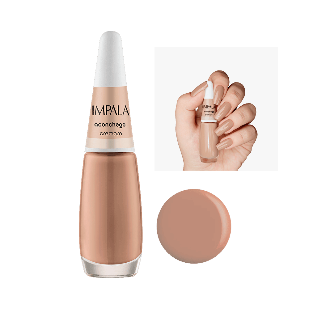 Esmalte Impala Aconchego cremoso em frasco com amostra da cor e mão segurando o produto