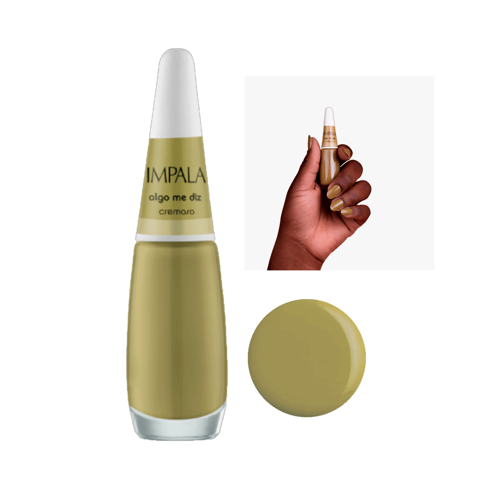 Esmalte Impala Cremoso Algo me diz - frasco e amostra da cor verde oliva