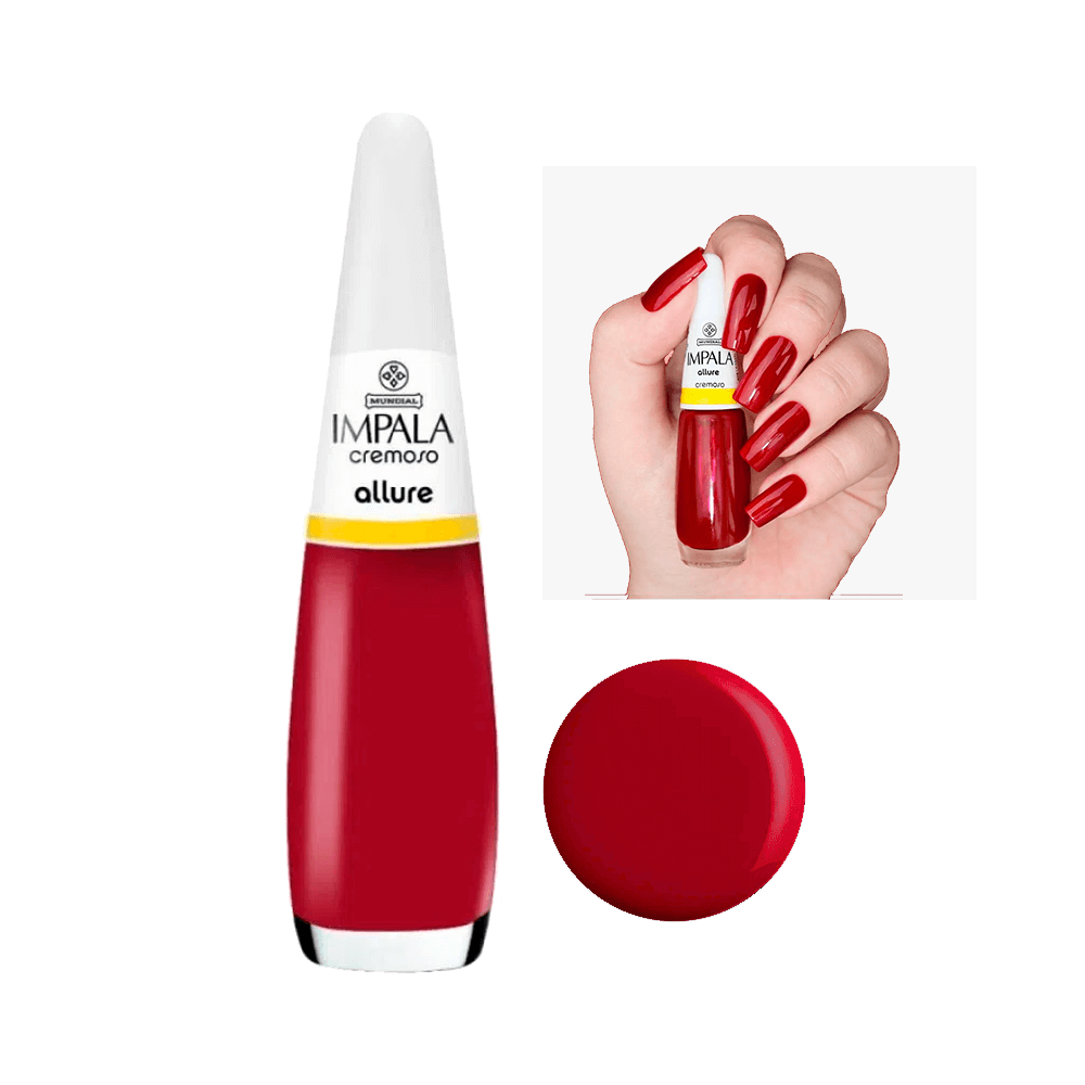 Esmalte Impala Cremoso Allure vermelho intenso - frasco e mão com unhas pintadas