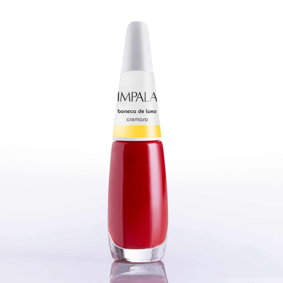Frasco de esmalte Impala Cremoso Boneca de Luxo em fundo branco, cor vermelho intenso