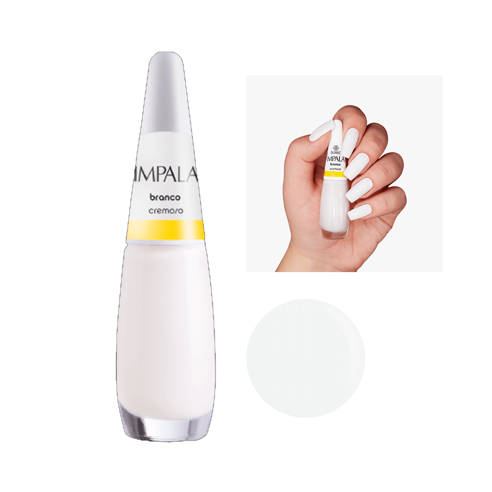Esmalte Impala Cremoso Branco - frasco translúcido com tampa branca, unhas pintadas na mesma cor
