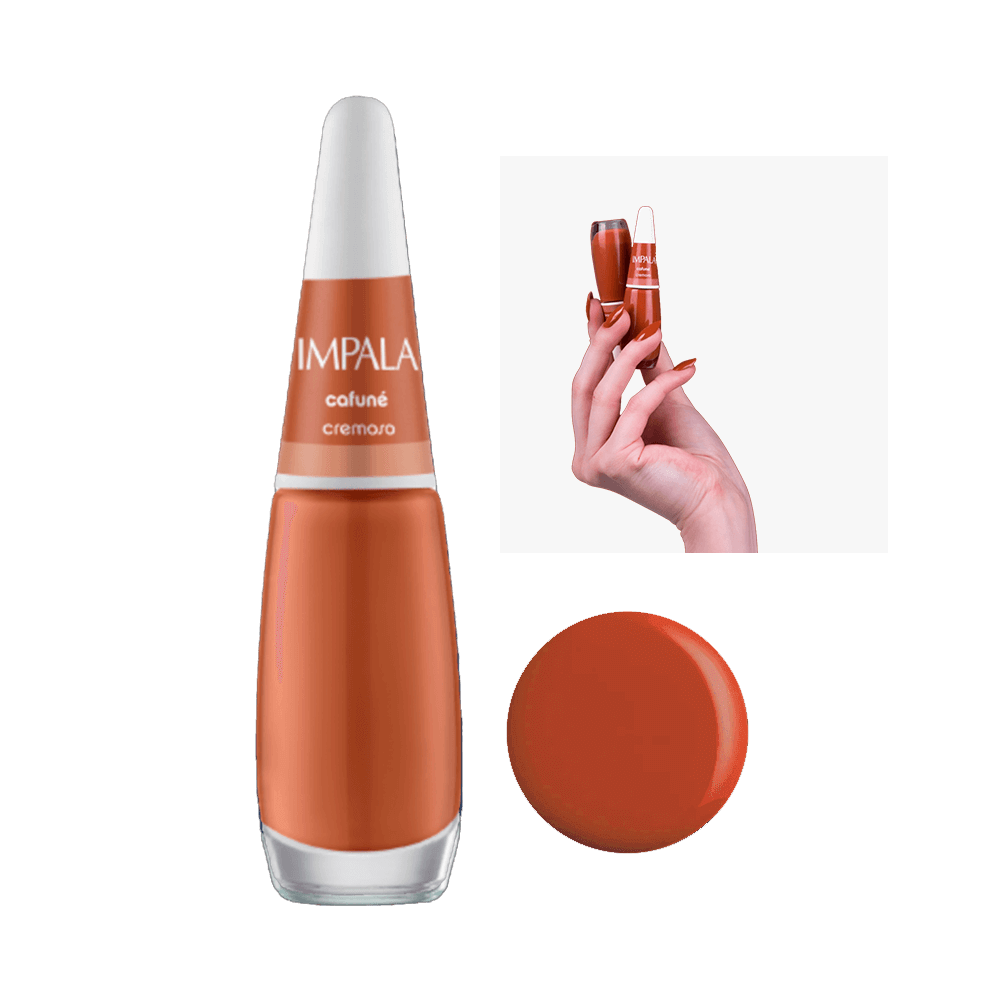 Esmalte Impala Cremoso Cafuné - frasco frontal em tom marrom avermelhado com tampa branca