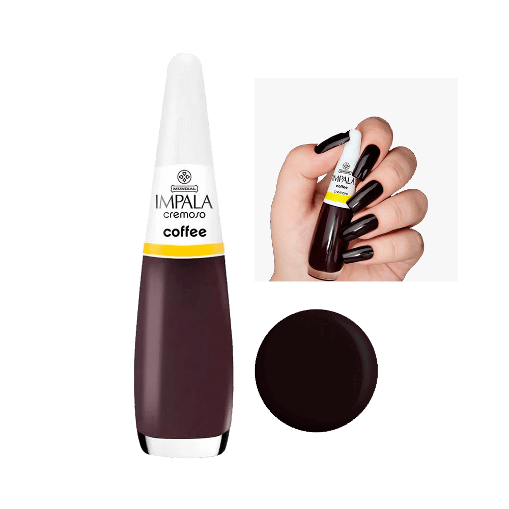 Esmalte Impala Cremoso cor Coffee - frasco transparente com esmalte marrom escuro e tampa branca