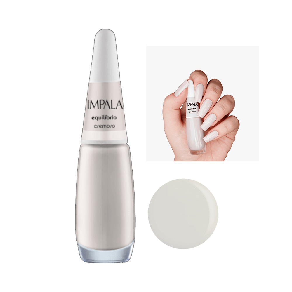Esmalte Impala Cremoso Equilíbrio frasco com amostra da cor e mão com unhas pintadas