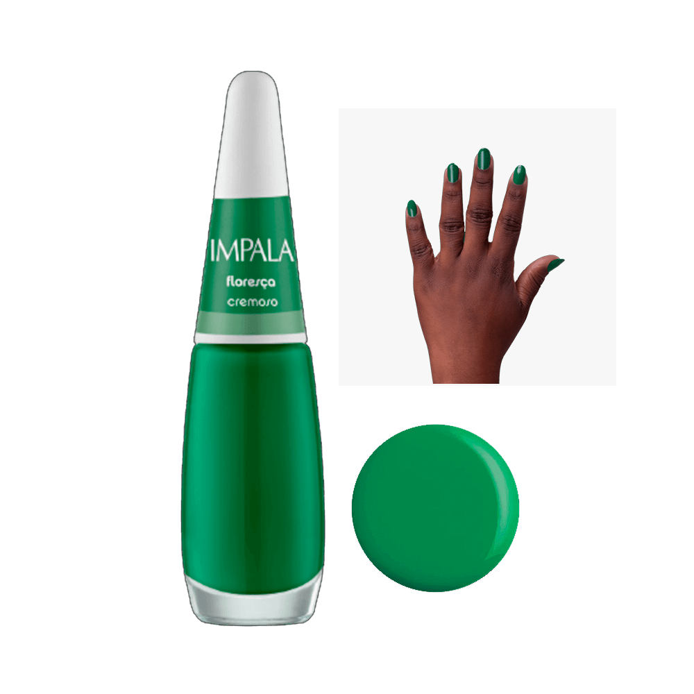 Esmalte Impala Cremoso Floresça verde com amostra nas unhas