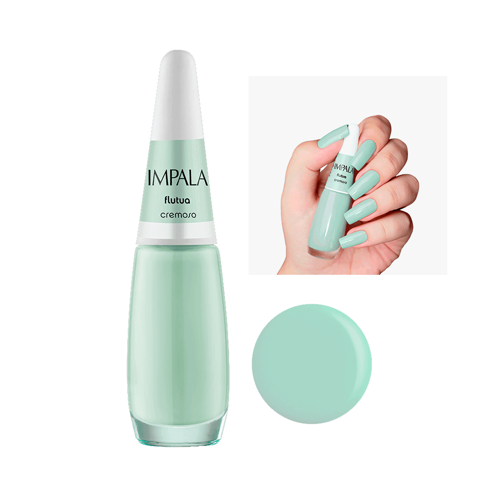 Esmalte Impala Cremoso Flutua verde-menta em frasco com mão exibindo unhas pintadas