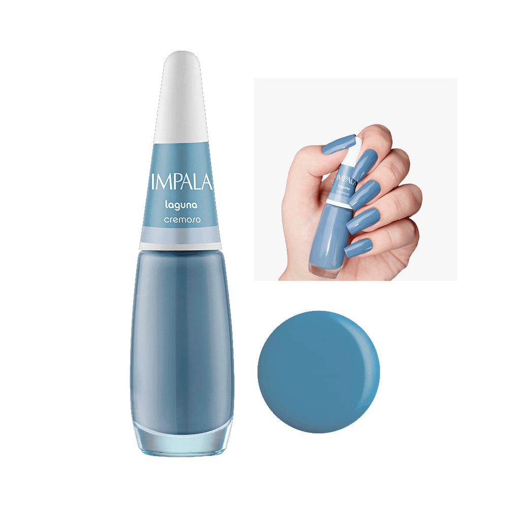 Esmalte Impala Cremoso Laguna em frasco e unhas pintadas com a cor azul acinzentada