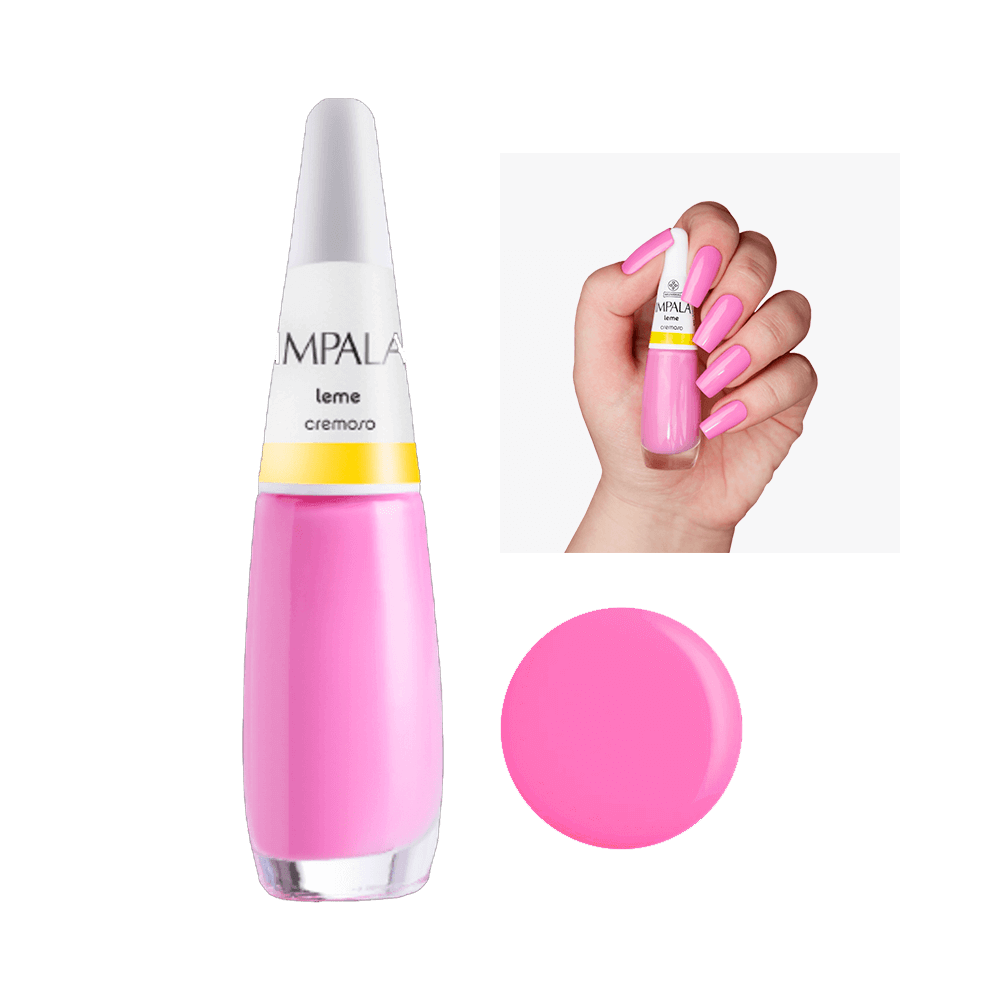 Esmalte Impala Cremoso Leme em destaque com amostra da cor nas unhas