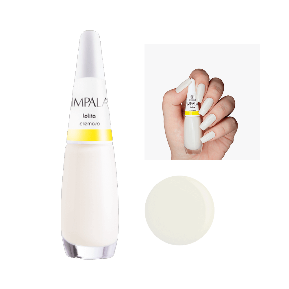 Esmalte Impala Cremoso Lolita frasco e unhas pintadas