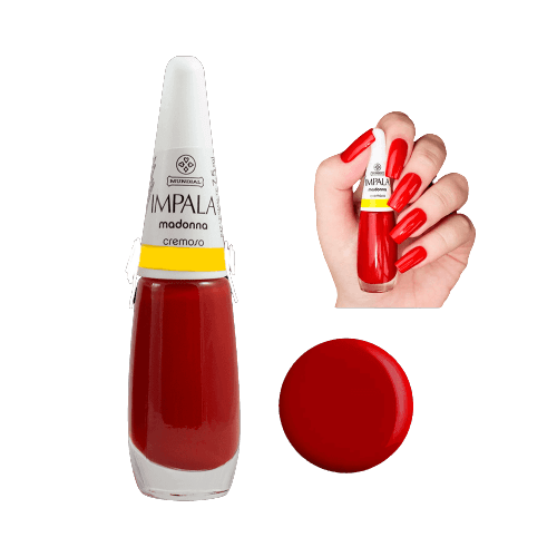Esmalte Impala Cremoso Madonna frasco e unhas pintadas na cor vermelho intenso