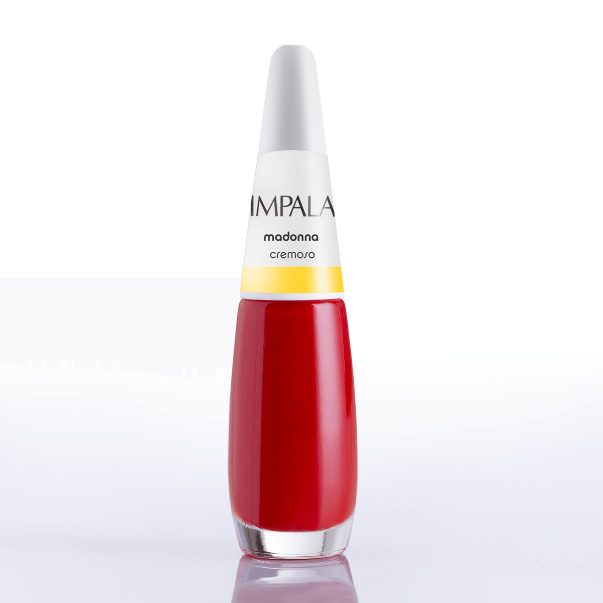 Frasco do esmalte Impala Madonna mostrando a cor vermelha e o rótulo cremoso