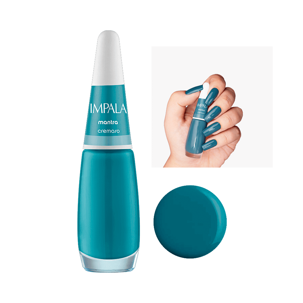 Esmalte Impala Cremoso Mantra azul esverdeado - frasco e unhas pintadas