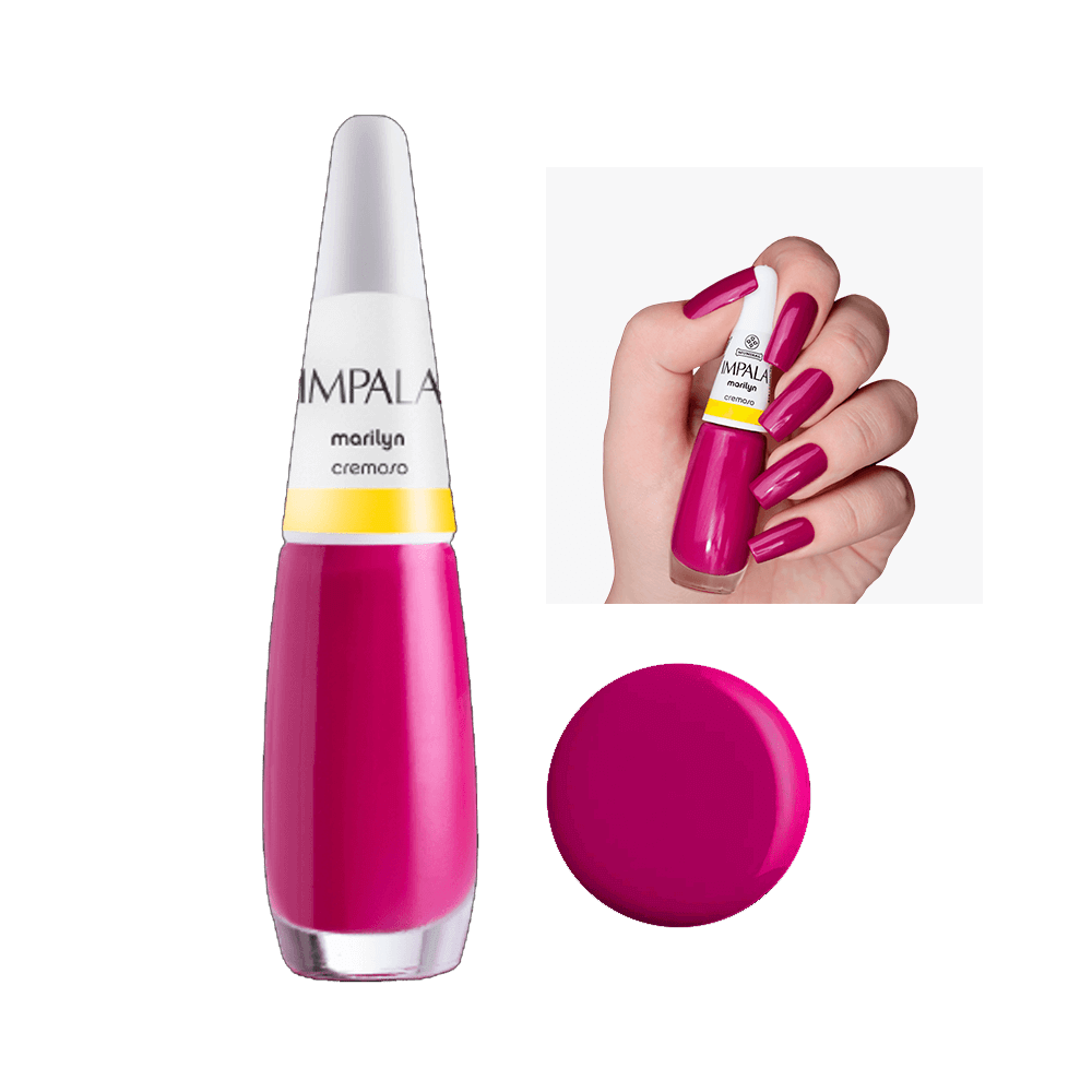 Esmalte Impala Cremoso Marilyn - vidro com tampa branca e tom rosa vibrante