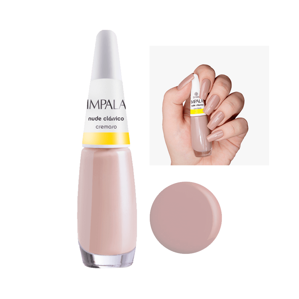 Vidrinho de Esmalte Impala Nude Clássico com amostra da cor e mão pintada