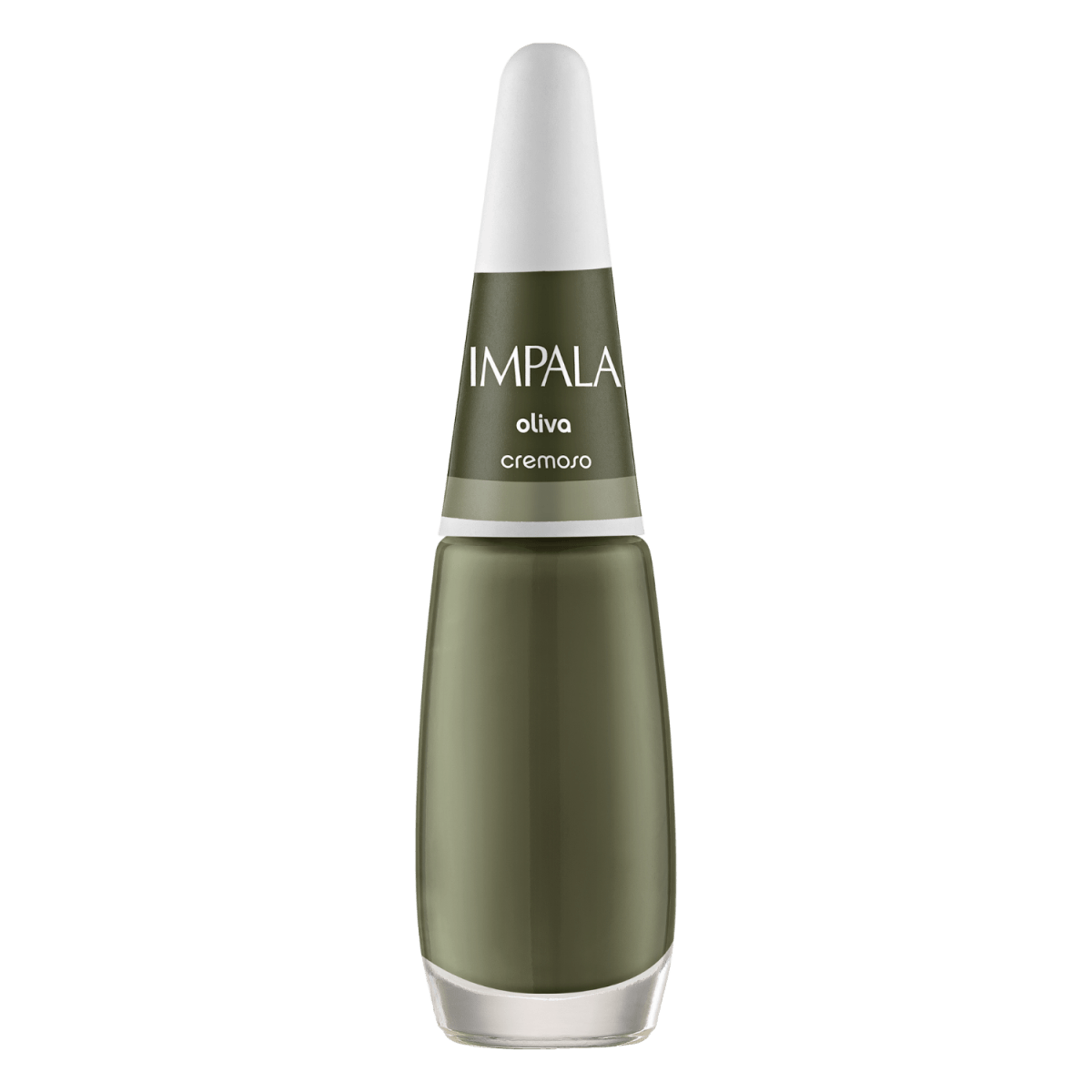 Frasco do esmalte Impala Oliva mostrando cor verde oliva e embalagem de vidro