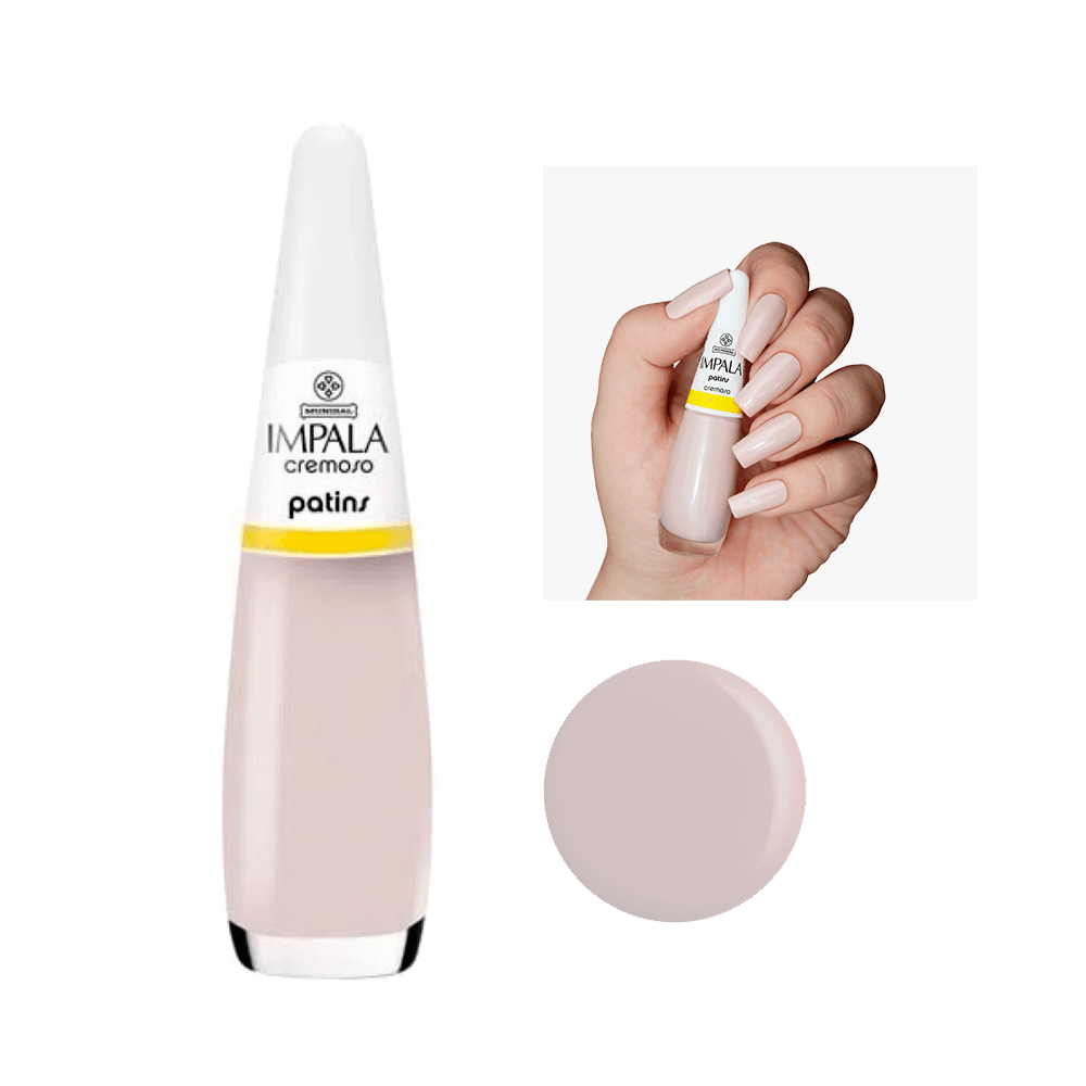 Esmalte Impala Cremoso Patins - frasco e amostra em unhas, tom nude claro