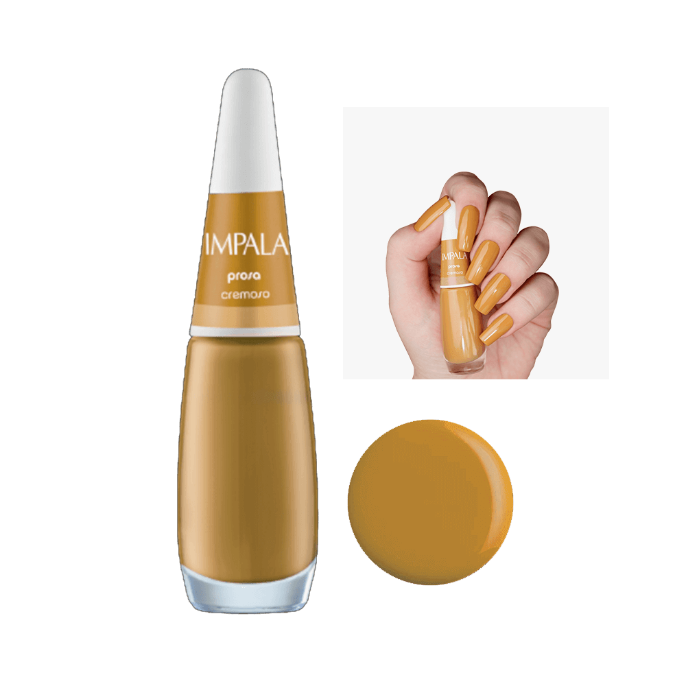 Esmalte Impala Cremoso Prosa frasco e unhas esmaltdas