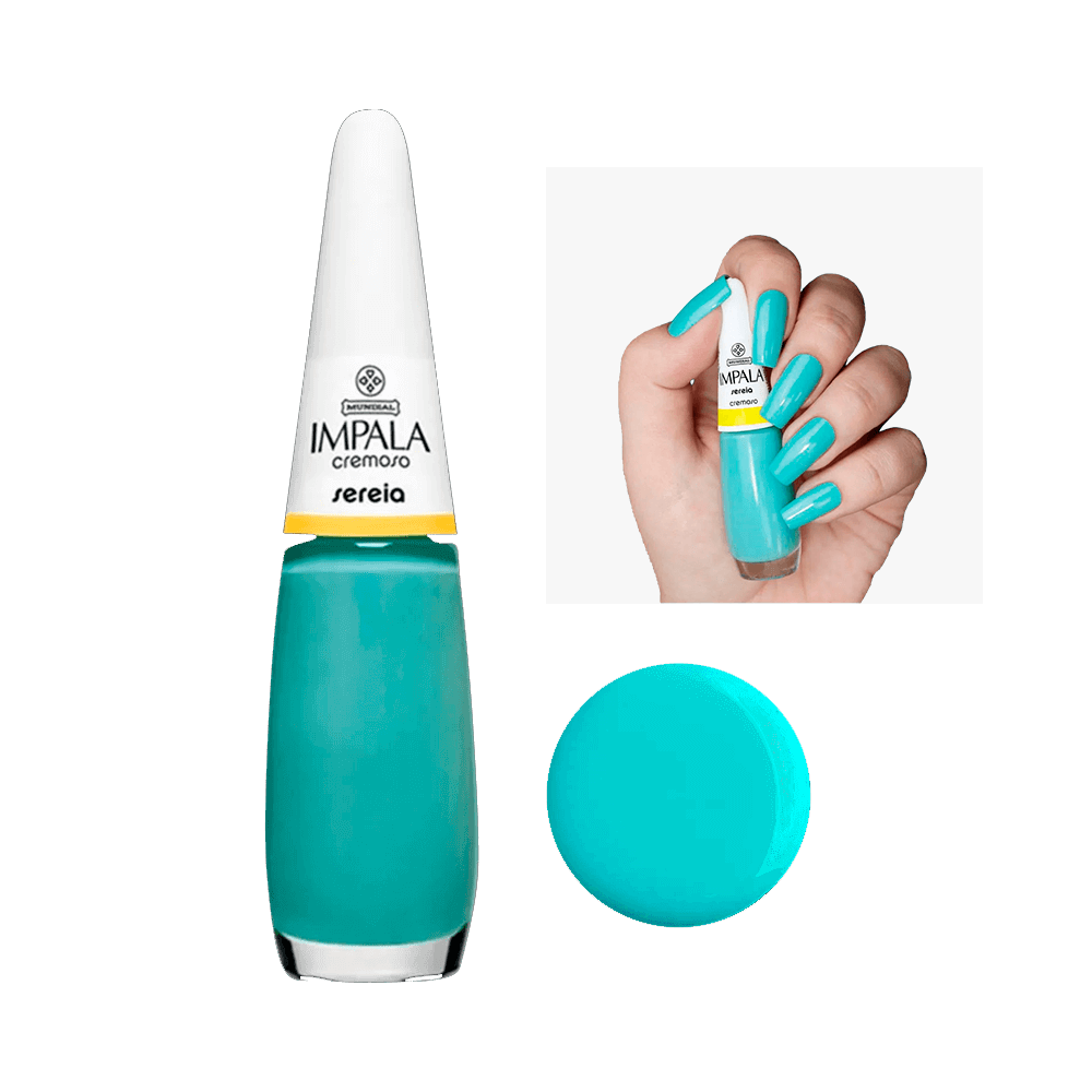 Frasco de esmalte Impala cremoso Sereia e amostra da cor azul turquesa