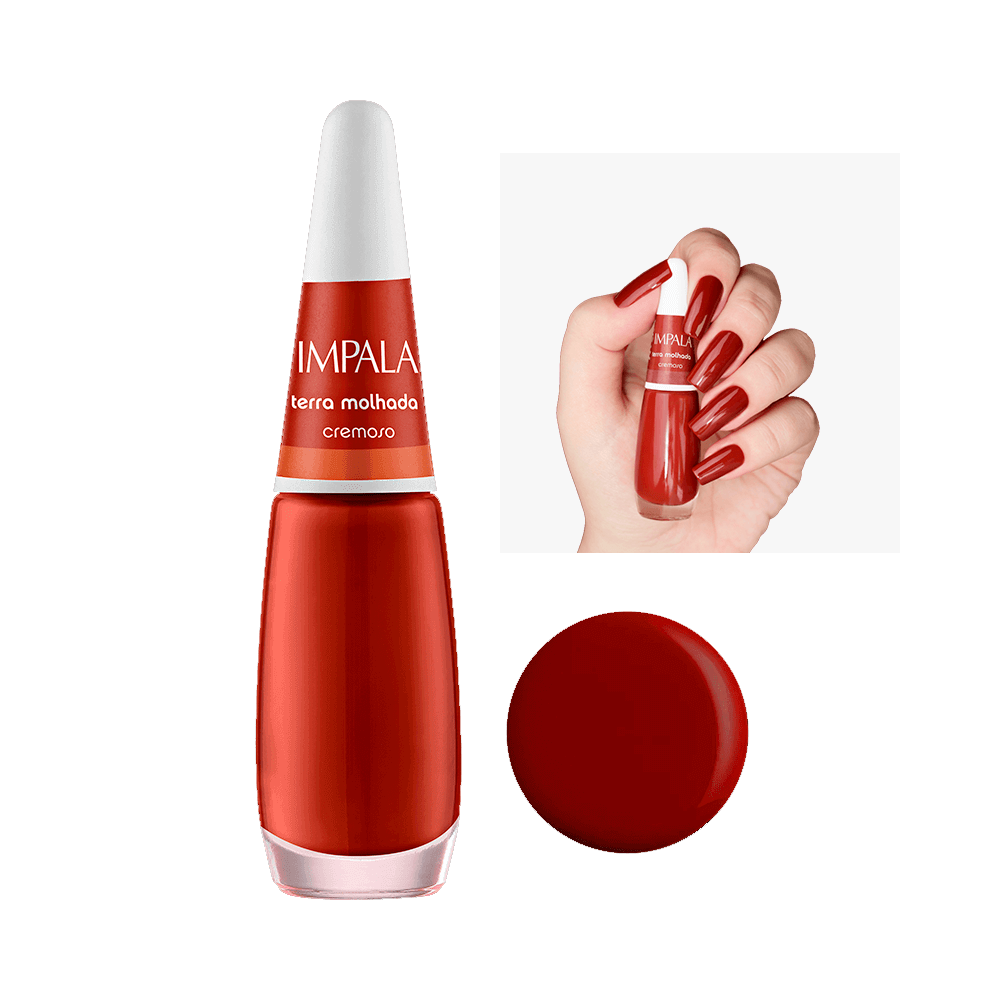 Esmalte Impala Cremoso Terra Molhada - frasco e amostra da cor