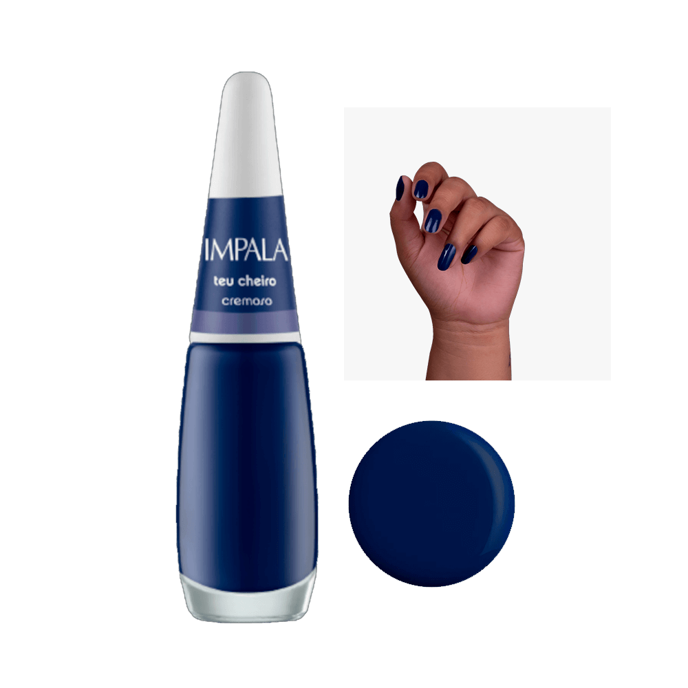 Esmalte Impala Cremoso Teu Cheiro - frasco e amostra em unhas, cor azul marinho